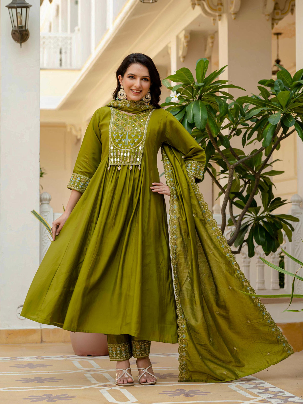 Sonakshi Women's Mehendi Viscose Roman Silk With Multi Thread Embroidered With Mirror Hand Work Anarkali Gown Set With Dupatta
