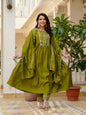 Sonakshi Women's Mehendi Viscose Roman Silk With Multi Thread Embroidered With Mirror Hand Work Anarkali Gown Set With Dupatta