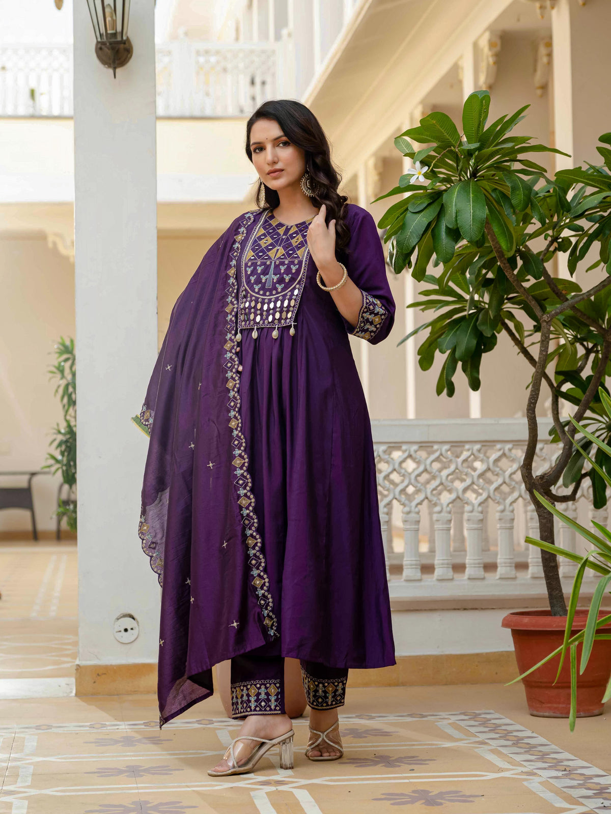 Sonakshi Women's Purple Viscose Roman Silk With Multi Thread Embroidered With Mirror Hand Work Anarkali Gown Set With Dupatta
