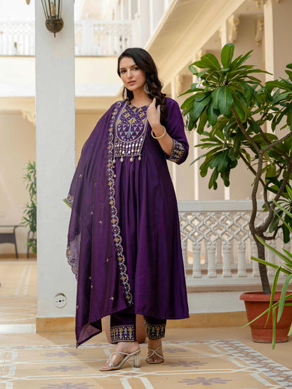 Sonakshi Women's Purple Viscose Roman Silk With Multi Thread Embroidered With Mirror Hand Work Anarkali Gown Set With Dupatta