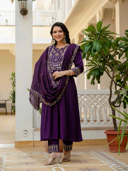 Sonakshi Women's Purple Viscose Roman Silk With Multi Thread Embroidered With Mirror Hand Work Anarkali Gown Set With Dupatta