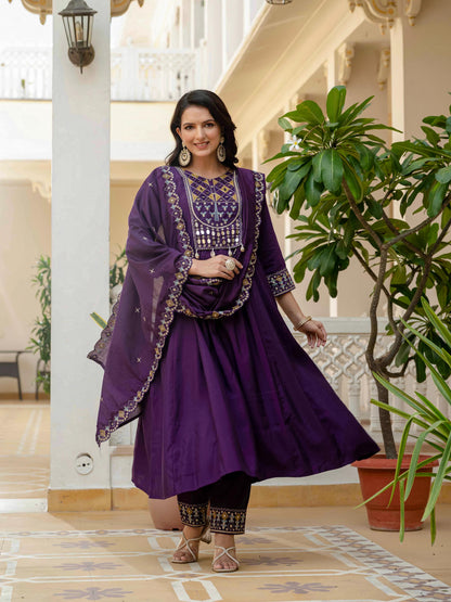 Sonakshi Women's Purple Viscose Roman Silk With Multi Thread Embroidered With Mirror Hand Work Anarkali Gown Set With Dupatta