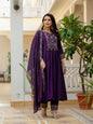 Sonakshi Women's Purple Viscose Roman Silk With Multi Thread Embroidered With Mirror Hand Work Anarkali Gown Set With Dupatta