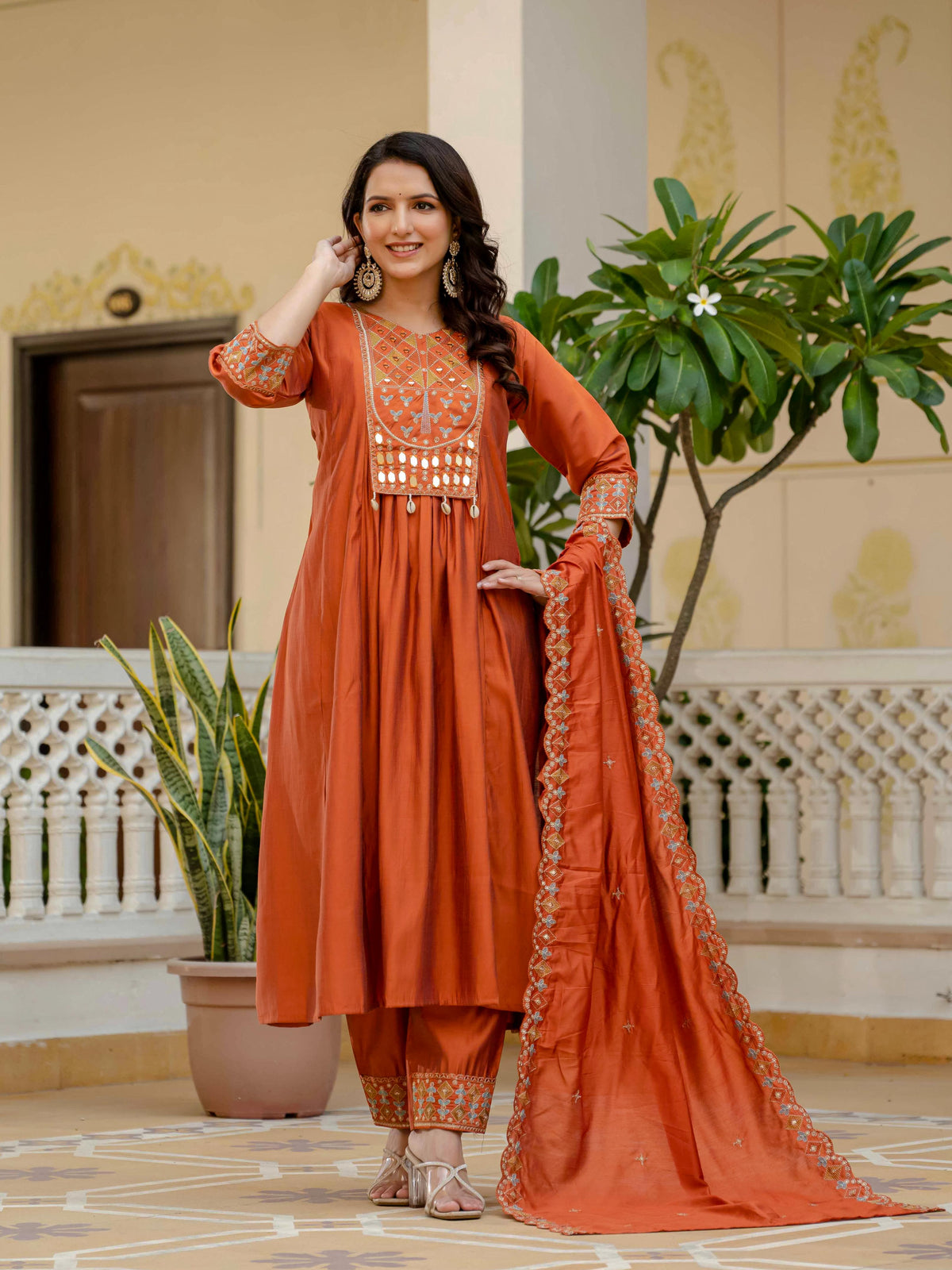 Sonakshi Women's Orrange Viscose Roman Silk With Multi Thread Embroidered With Mirror Hand Work Anarkali Gown Set With Dupatta