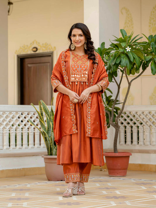 Sonakshi Women's Orrange Viscose Roman Silk With Multi Thread Embroidered With Mirror Hand Work Anarkali Gown Set With Dupatta