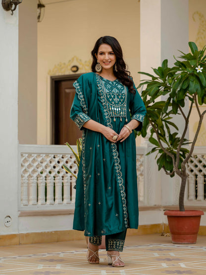 Sonakshi Women's Teal Viscose Roman Silk With Multi Thread Embroidered With Mirror Hand Work Anarkali Gown Set With Dupatta