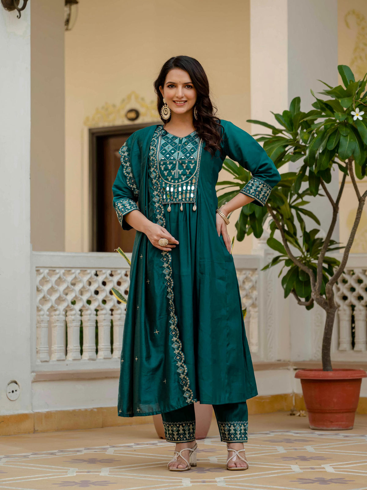 Sonakshi Women's Teal Viscose Roman Silk With Multi Thread Embroidered With Mirror Hand Work Anarkali Gown Set With Dupatta