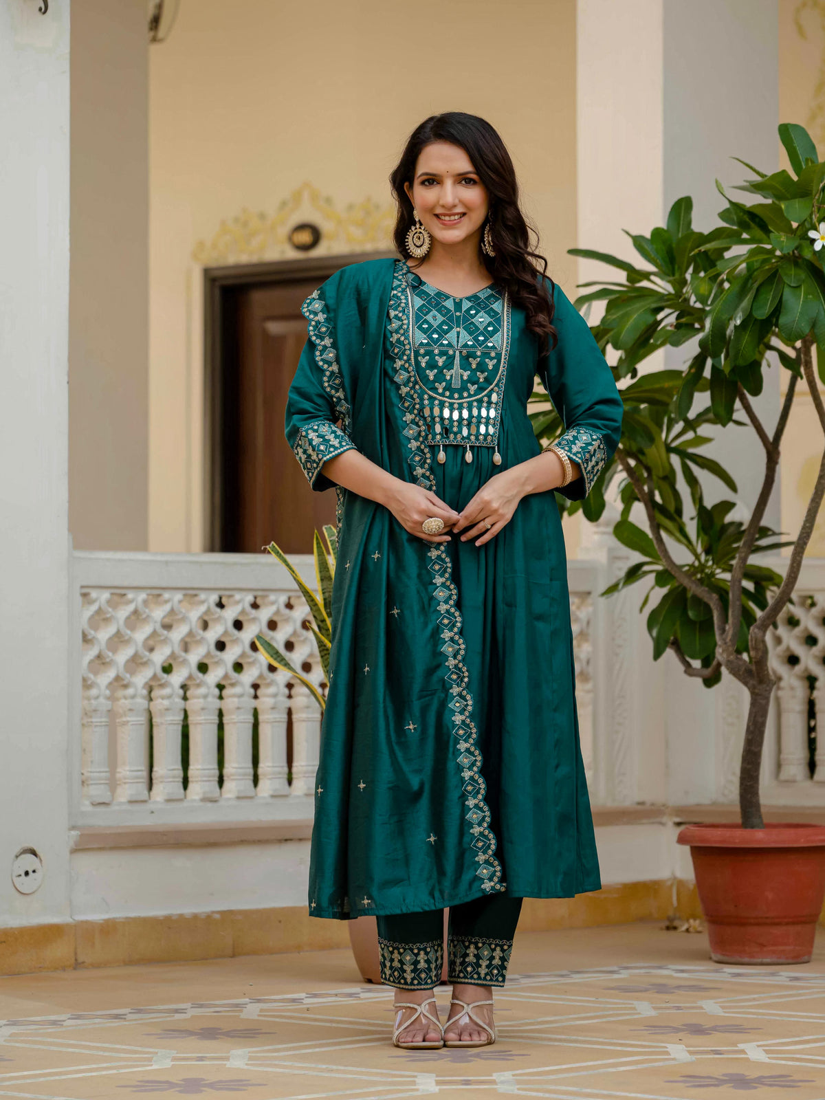 Sonakshi Women's Teal Viscose Roman Silk With Multi Thread Embroidered With Mirror Hand Work Anarkali Gown Set With Dupatta