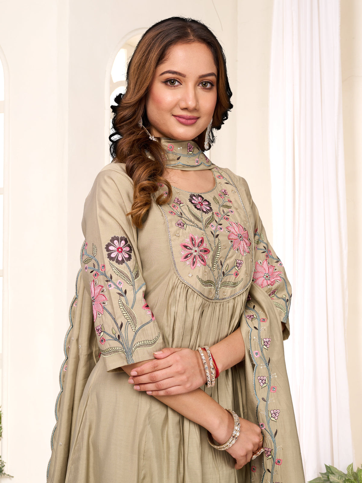 Sonakshi Women's Pista Viscose Roman Silk With Multi Thread Embroidered With Mirror Hand Work Anarkali Gown Set With Dupatta