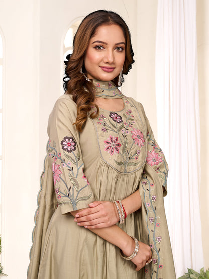 Sonakshi Women's Pista Viscose Roman Silk With Multi Thread Embroidered With Mirror Hand Work Anarkali Gown Set With Dupatta