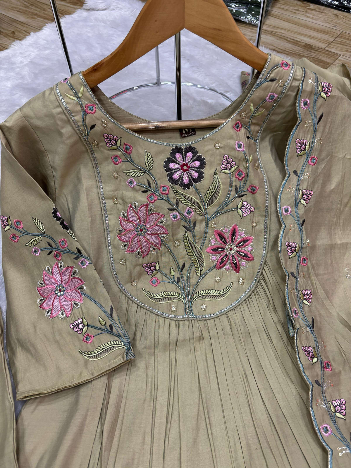 Sonakshi Women's Pista Viscose Roman Silk With Multi Thread Embroidered With Mirror Hand Work Anarkali Gown Set With Dupatta