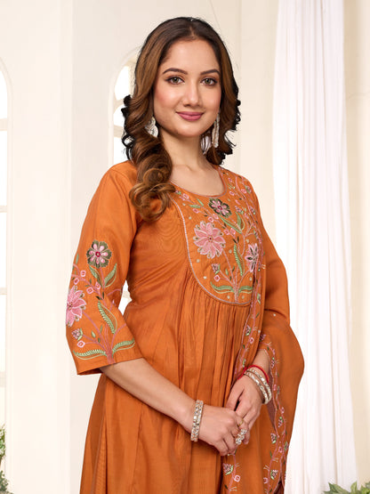 Sonakshi Women's Rust Viscose Roman Silk With Multi Thread Embroidered With Hand Work Anarkali Gown Set With Dupatta