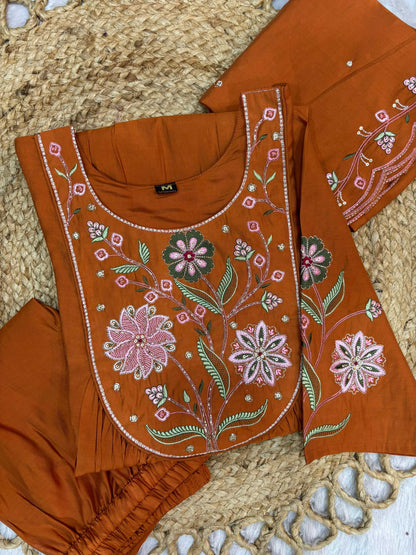 Sonakshi Women's Rust Viscose Roman Silk With Multi Thread Embroidered With Hand Work Anarkali Gown Set With Dupatta