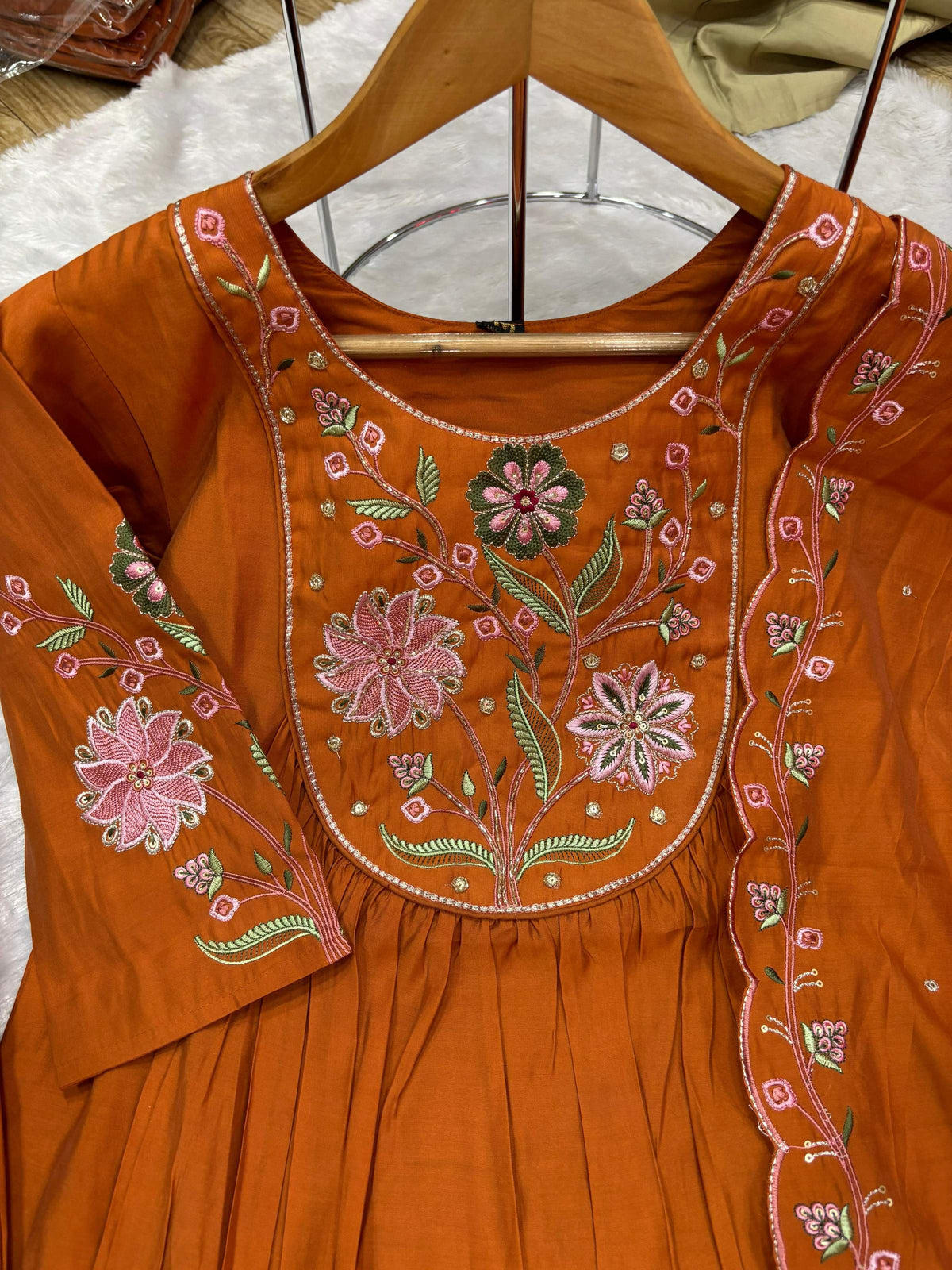 Sonakshi Women's Rust Viscose Roman Silk With Multi Thread Embroidered With Hand Work Anarkali Gown Set With Dupatta