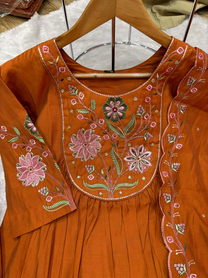Sonakshi Women's Rust Viscose Roman Silk With Multi Thread Embroidered With Hand Work Anarkali Gown Set With Dupatta