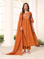 Sonakshi Women's Rust Viscose Roman Silk With Multi Thread Embroidered With Hand Work Anarkali Gown Set With Dupatta