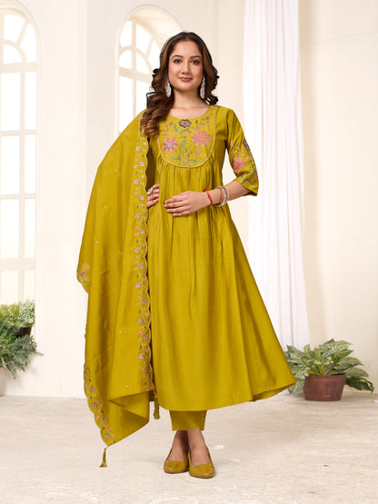 Sonakshi Women's Yellow Viscose Roman Silk With Multi Thread Embroidered With Hand Work Anarkali Gown Set With Dupatta