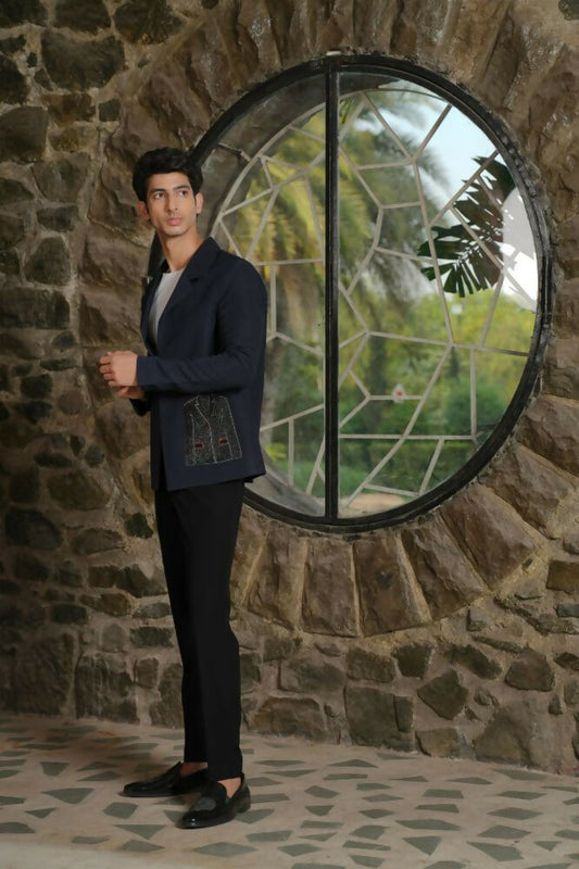 Noir Canvas Blazer – Black 4-Way Stretch Graphic Detail Suit For Men | Wedding & Party Wear by Hilo Design