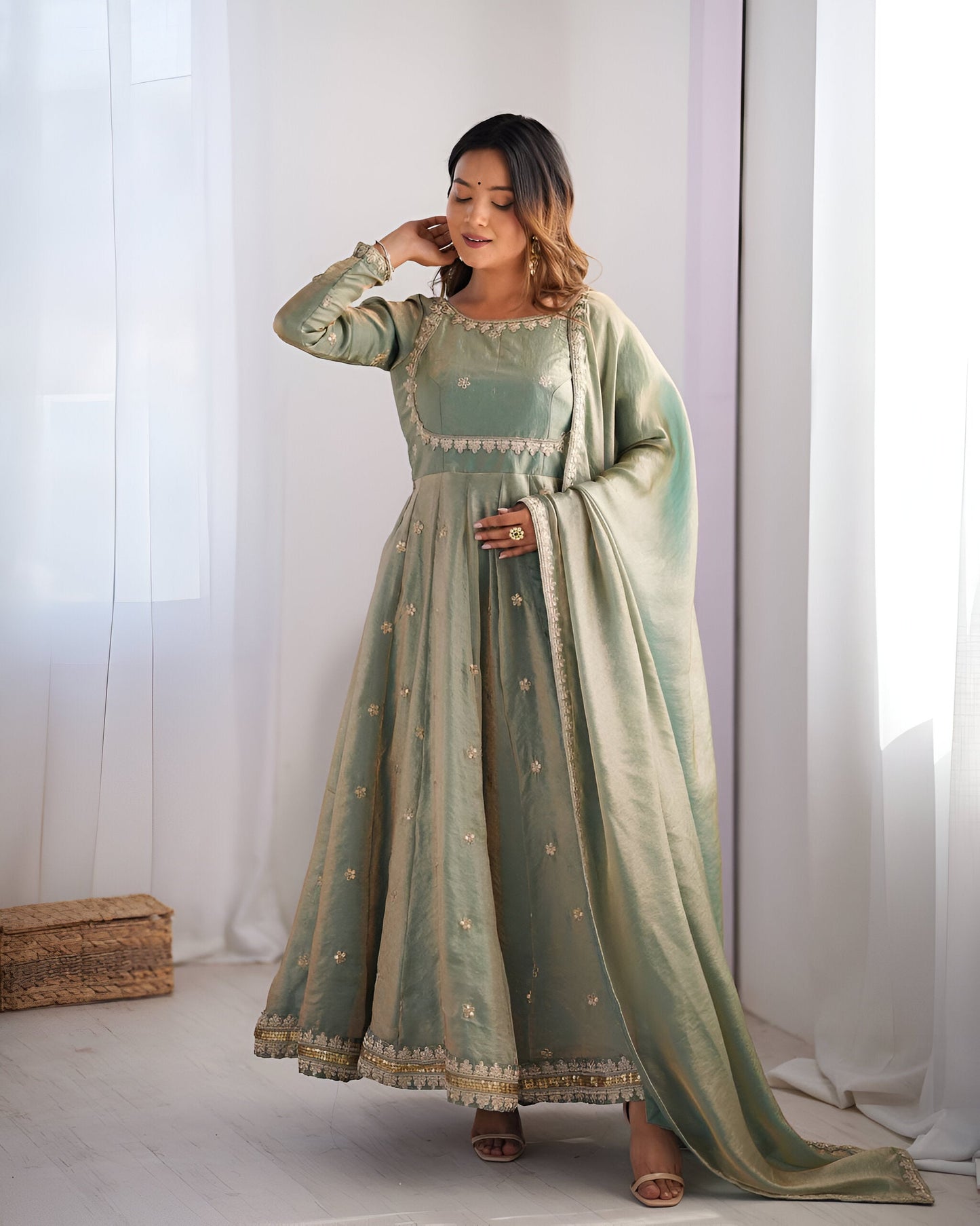 Lehenga Mart Wedding Wear Anarkali Gown With Dupatta - Green