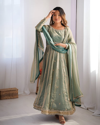 Lehenga Mart Wedding Wear Anarkali Gown With Dupatta - Green