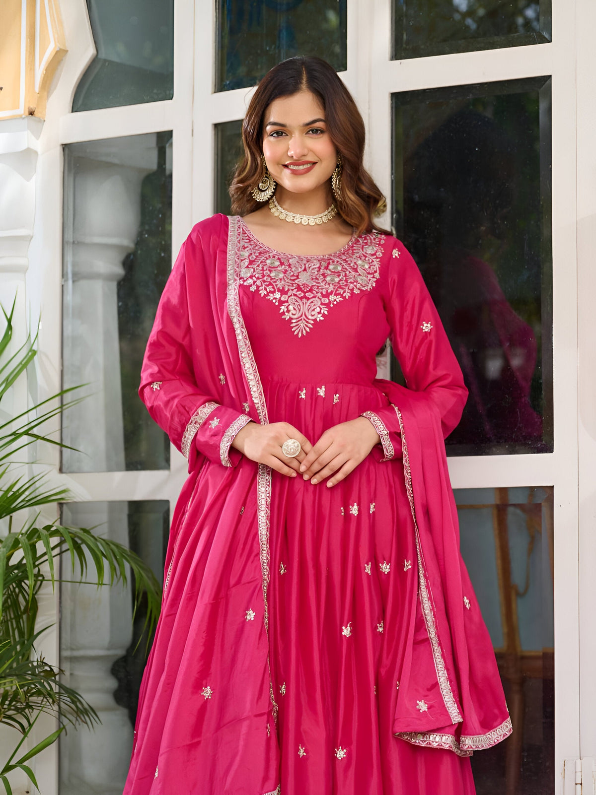 Lehenga Mart Wedding Wear Anarkali Gown With Dupatta - pink