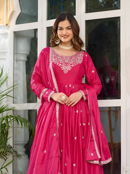 Lehenga Mart Wedding Wear Anarkali Gown With Dupatta - pink