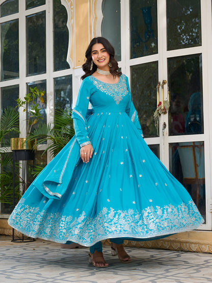 Lehenga Mart Wedding Wear Anarkali Gown With Dupatta - Sky Blue