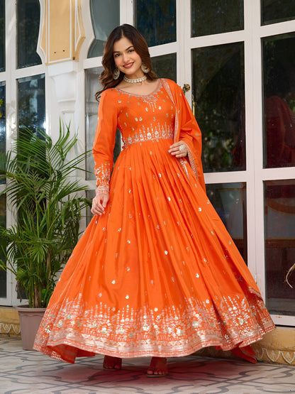 Lehenga Mart Wedding Wear Anarkali Gown With Dupatta Set - Orange