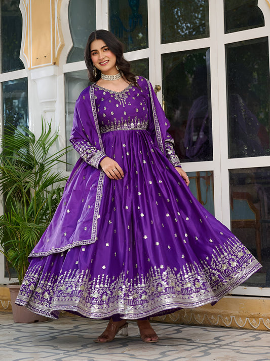 Lehenga Mart Wedding Wear Anarkali Gown With Dupatta Set - Purple