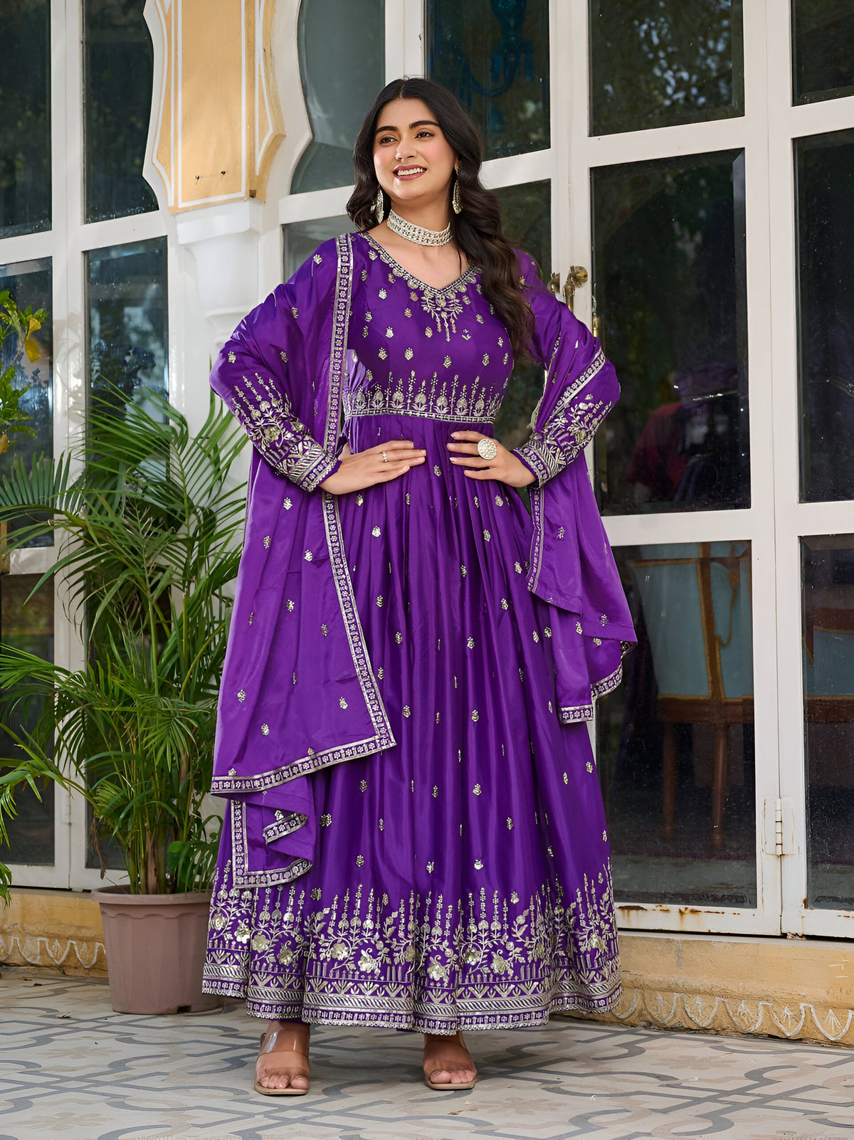 Lehenga Mart Wedding Wear Anarkali Gown With Dupatta Set - Purple