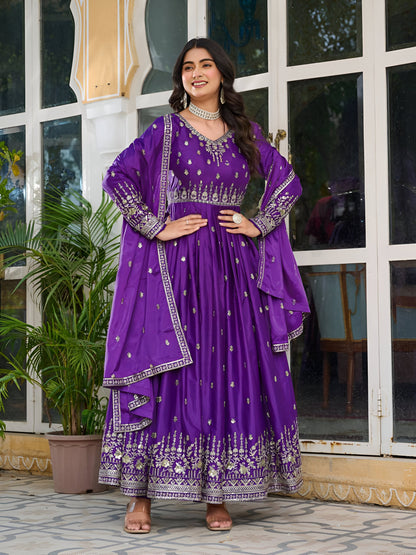 Lehenga Mart Wedding Wear Anarkali Gown With Dupatta Set - Purple