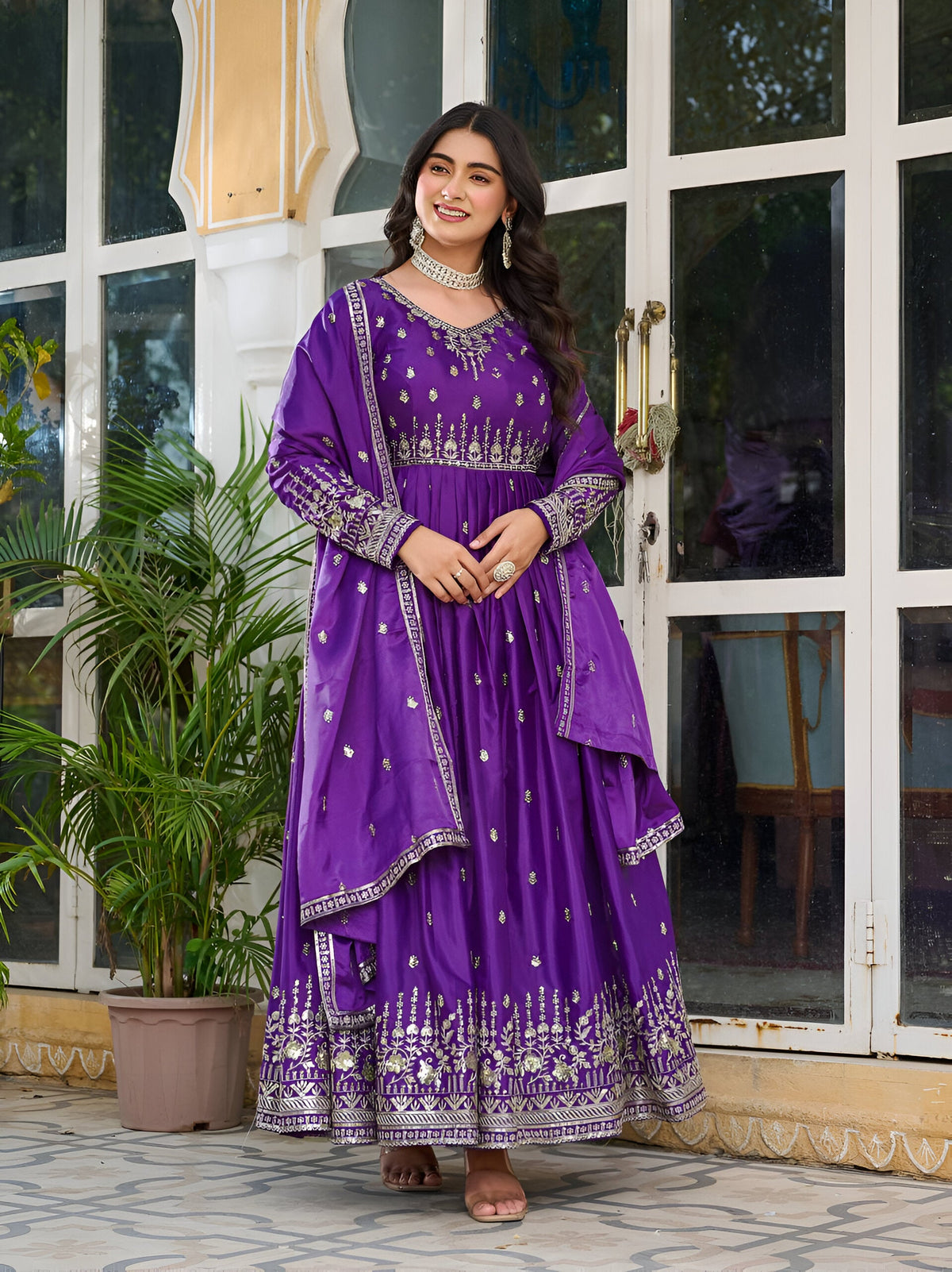 Lehenga Mart Wedding Wear Anarkali Gown With Dupatta Set - Purple