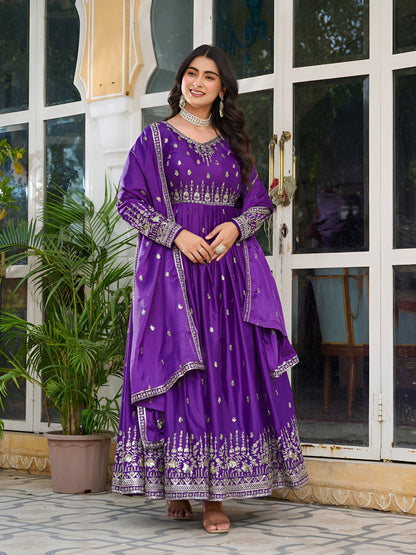 Lehenga Mart Wedding Wear Anarkali Gown With Dupatta Set - Purple