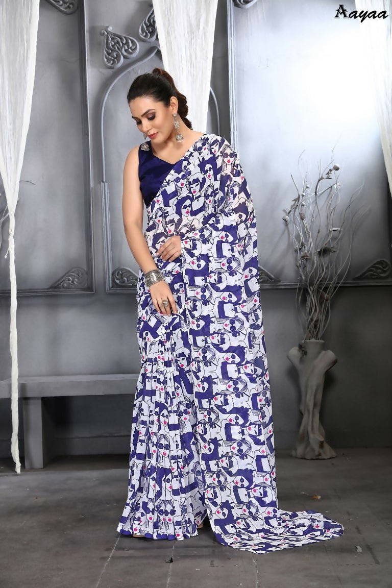 Aayaa Designer Printed Georgette Saree - Multi Color
