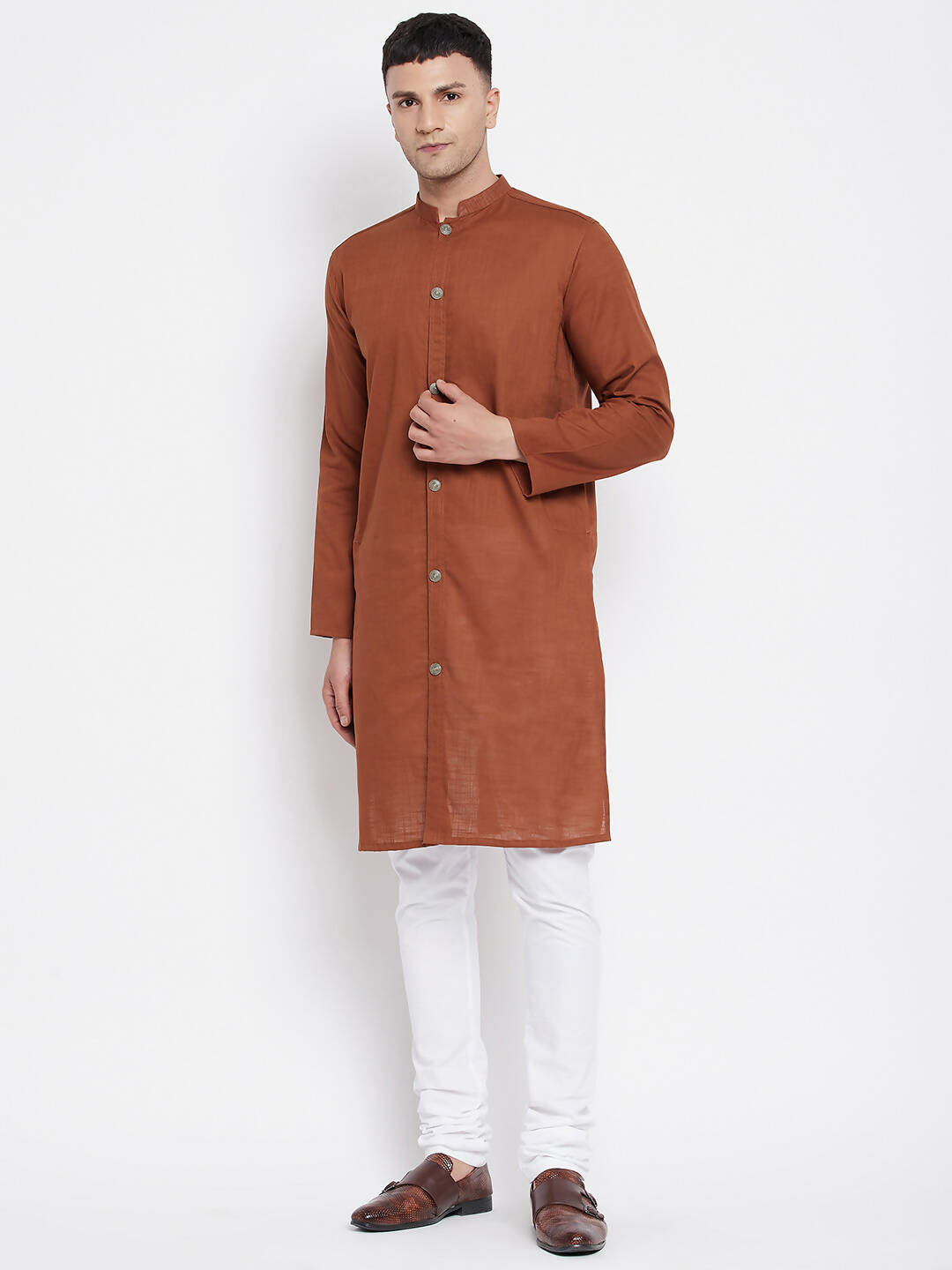 Even Apparels Brown Pure Cotton Men's Sherwani Kurta With Open Front