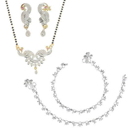 AanyaCentric Gold-Polished Mangalsutra Pendant Earring Set & Silver Plated Anklet