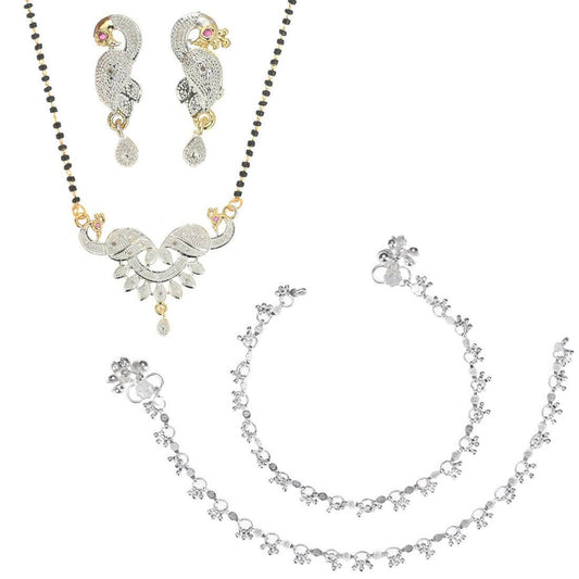 AanyaCentric Gold-Polished Mangalsutra Pendant Earring Set & Silver Plated Anklet