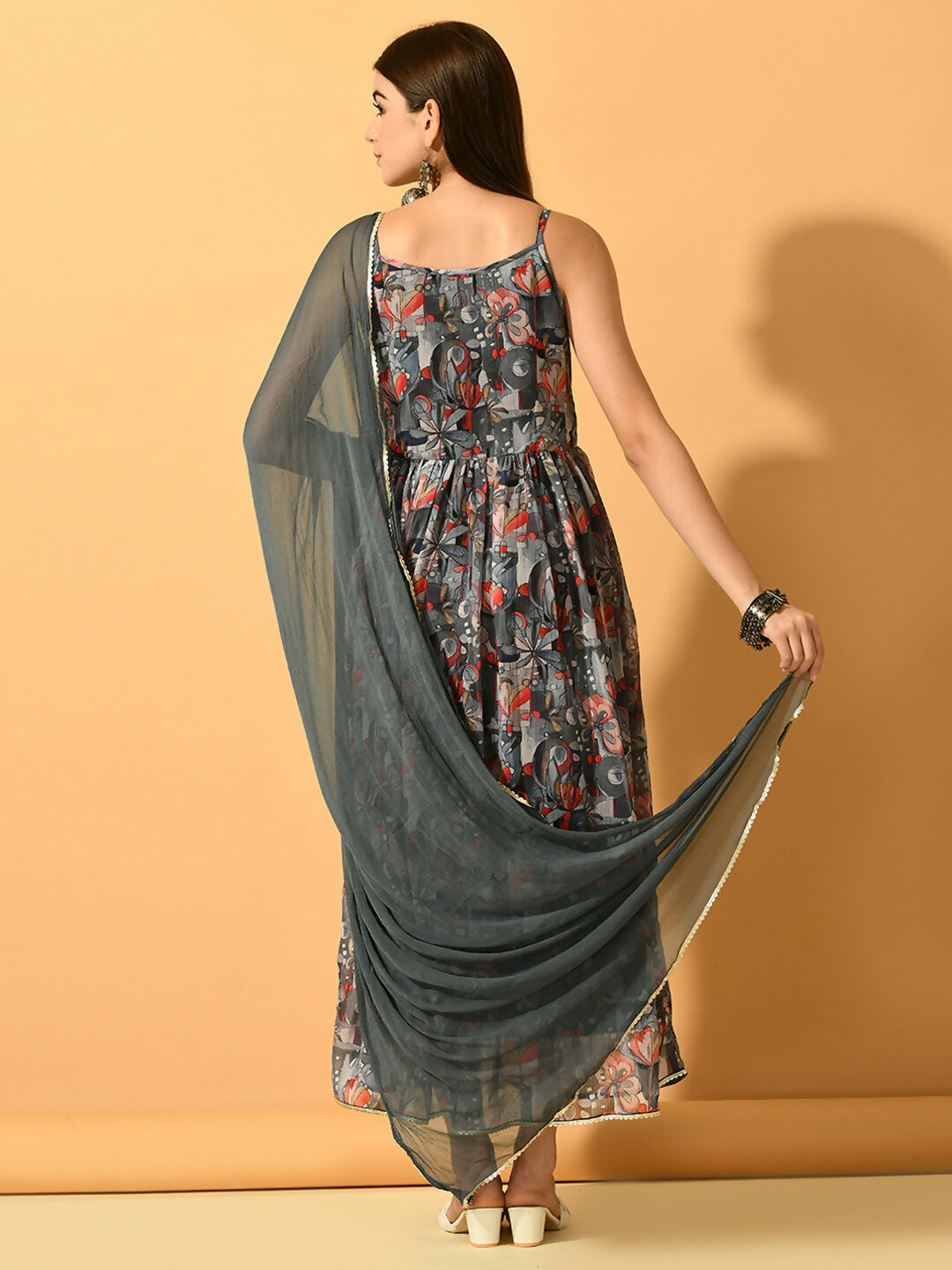 Myshka Women's Grey Festive Flared Anarkali Kurta With Dupatta sets
