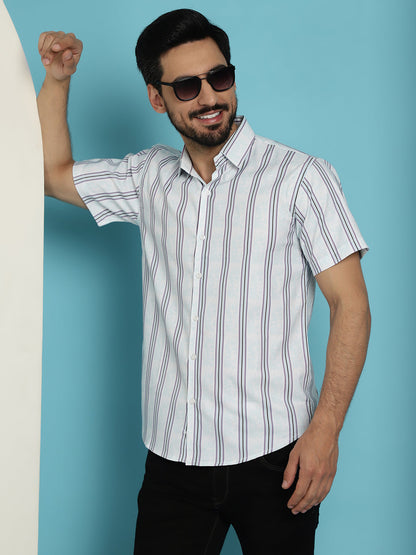 Indian Needle Men's Vertical Striped Half Sleeve Casual Shirt - Blue