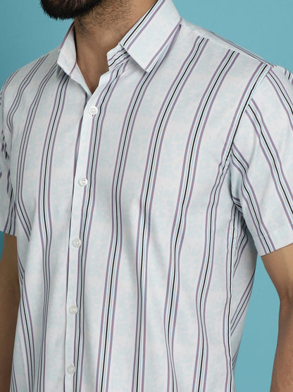 Indian Needle Men's Vertical Striped Half Sleeve Casual Shirt - Blue