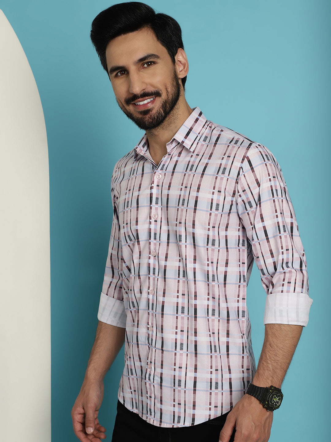 Indian Needle Men's Cotton Blend Checked Casual Shirt - Light-Brown