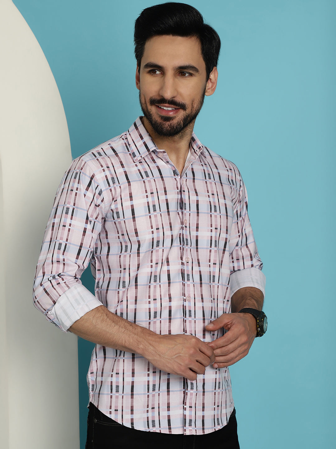 Indian Needle Men's Cotton Blend Checked Casual Shirt - Light-Brown