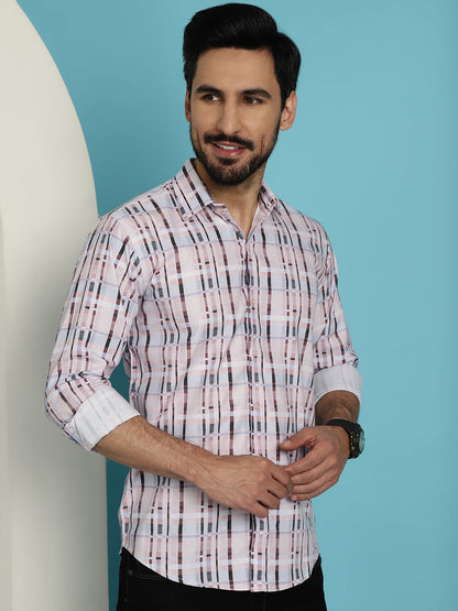 Indian Needle Men's Cotton Blend Checked Casual Shirt - Light-Brown