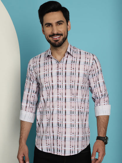 Indian Needle Men's Cotton Blend Checked Casual Shirt - Light-Brown