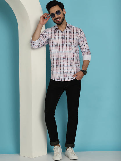 Indian Needle Men's Cotton Blend Checked Casual Shirt - Light-Brown
