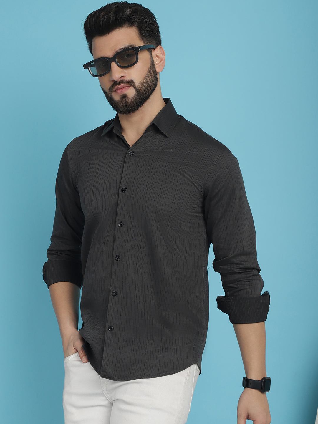 Indian Needle Men's Woven Design Casual Shirt - Charcoal