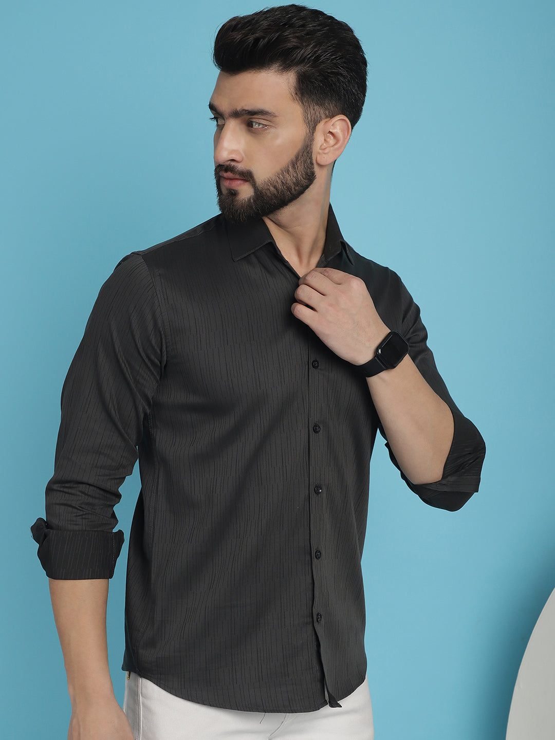 Indian Needle Men's Woven Design Casual Shirt - Charcoal