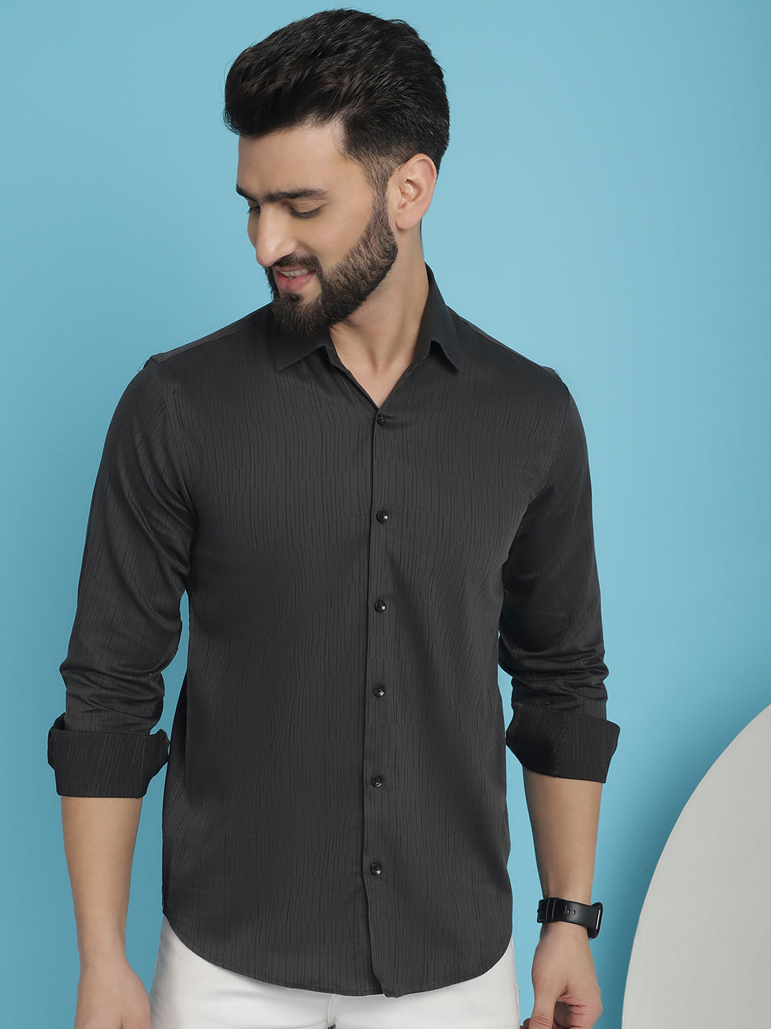 Indian Needle Men's Woven Design Casual Shirt - Charcoal
