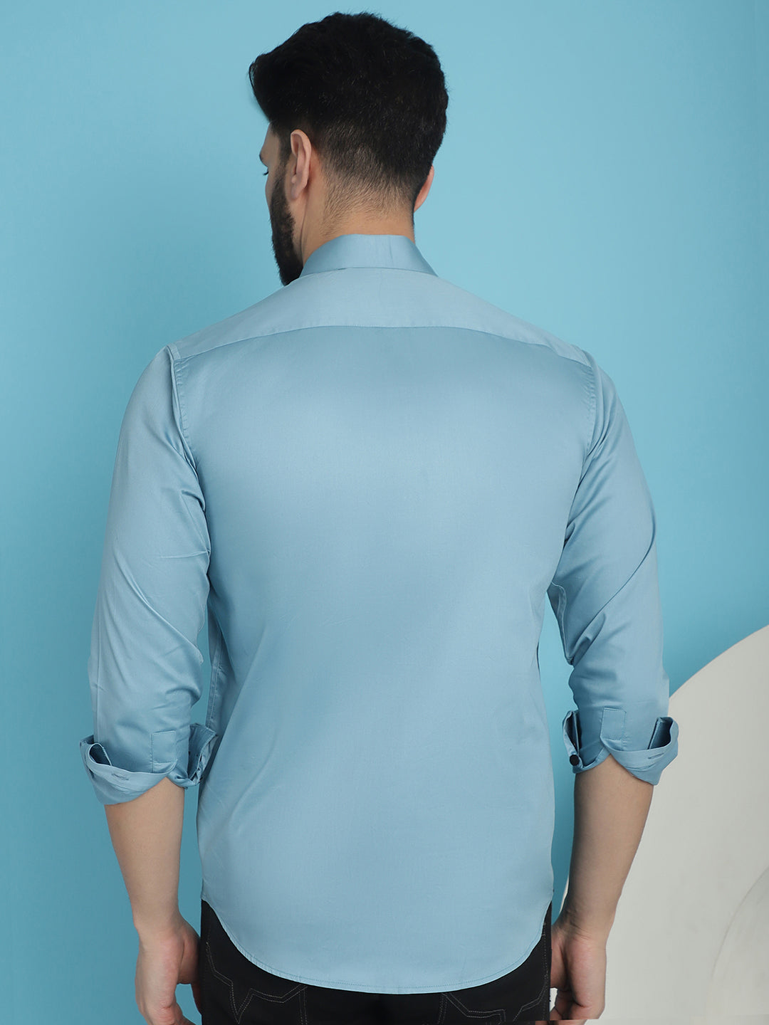 Indian Needle Men's Premium Cotton Satin Casual Shirt - Sky Blue