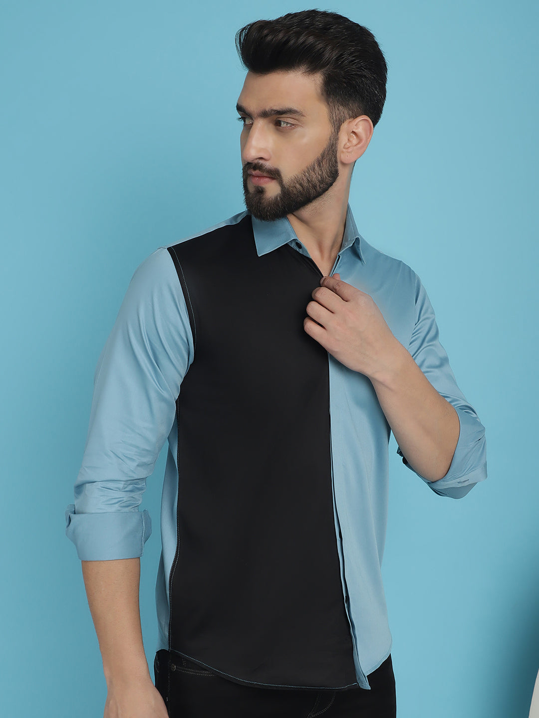 Indian Needle Men's Premium Cotton Satin Casual Shirt - Sky Blue